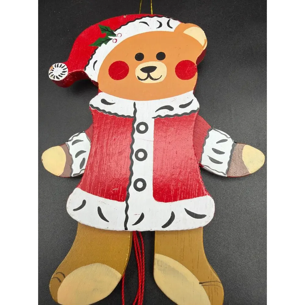 Vintage 1980s Jointed Wooden Teddy Bear Ornaments Set 2 Taiwan 5.5” Poseable